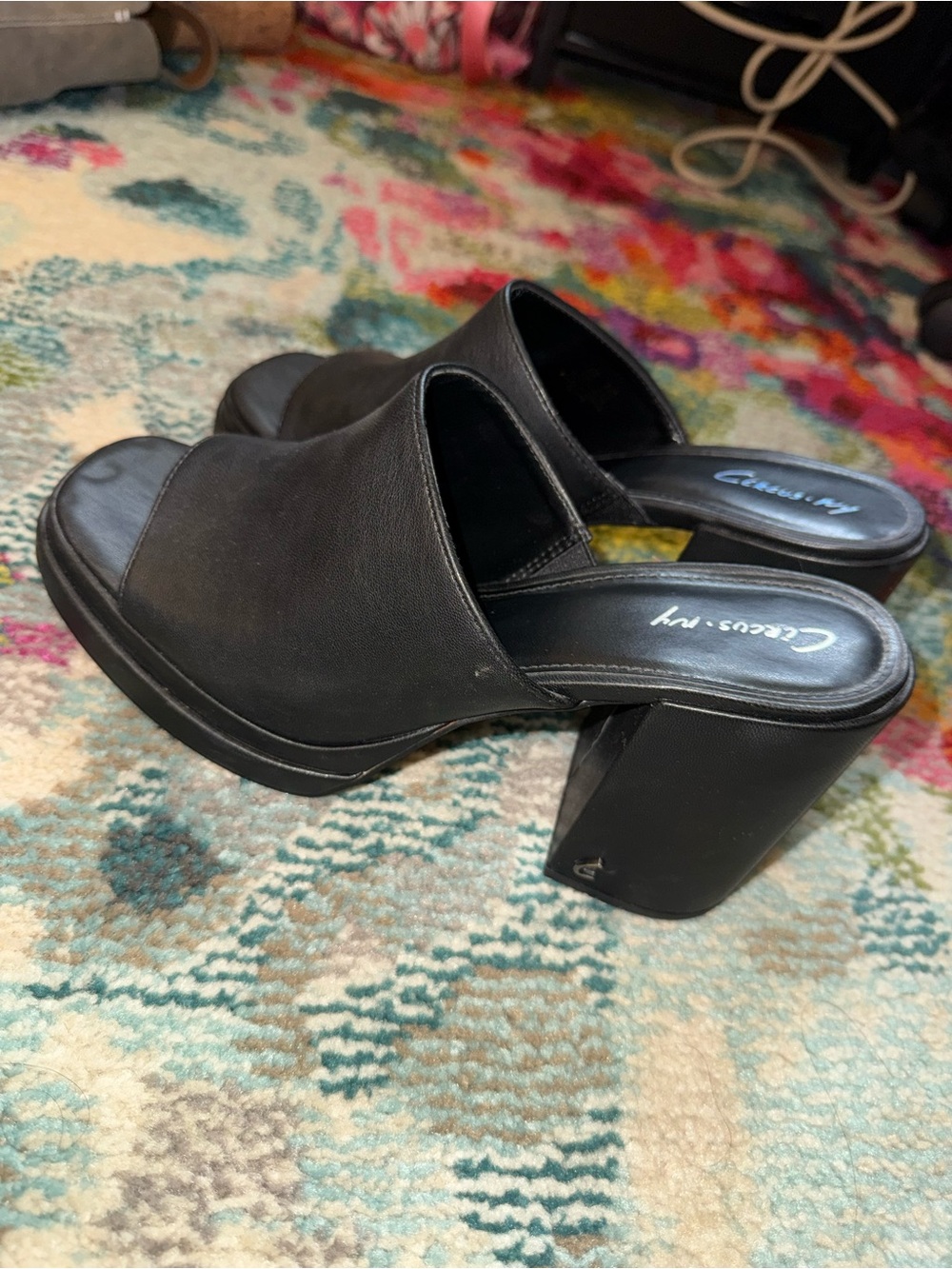 Circus NY Black Leather Block Heel Mules